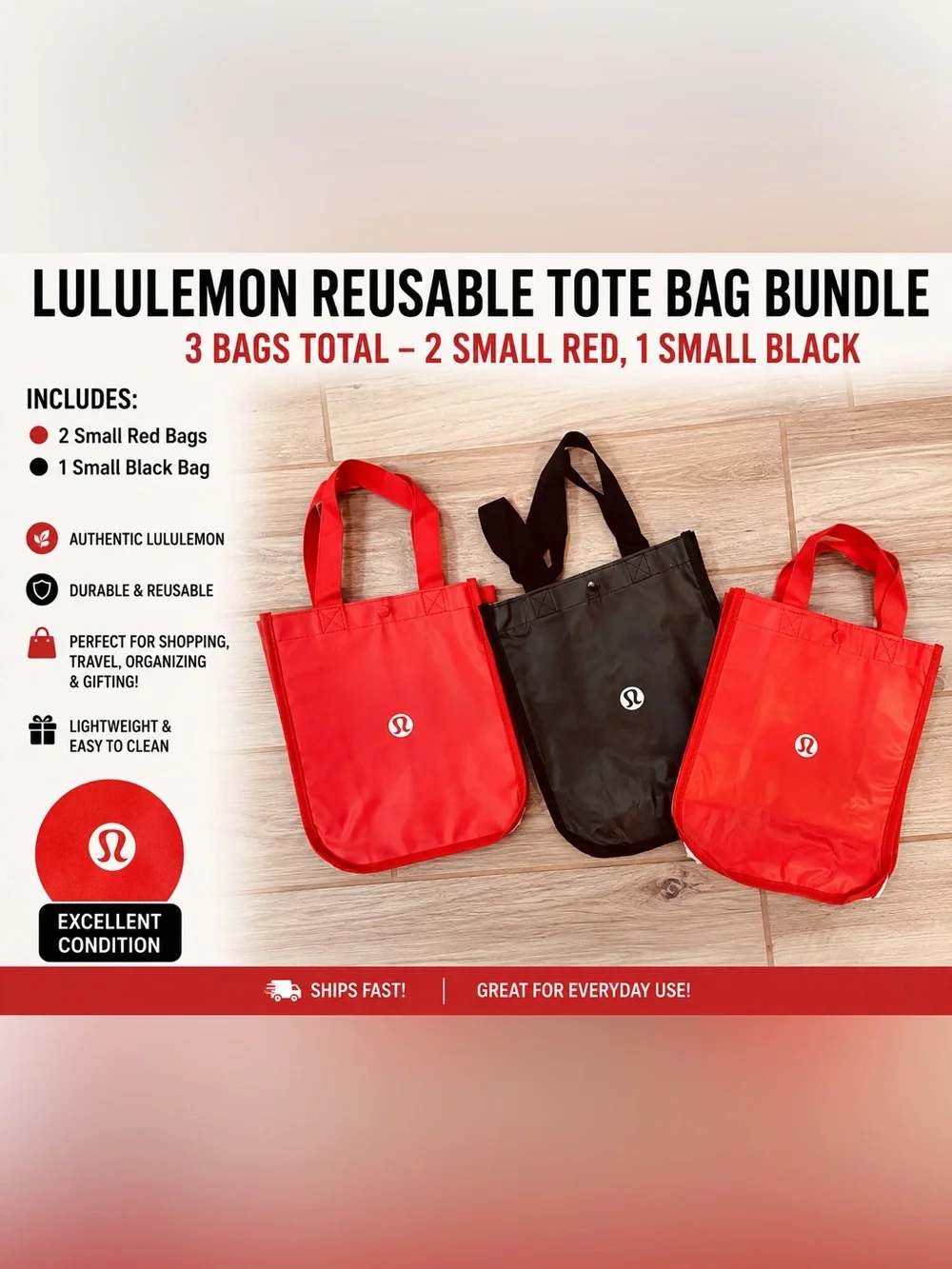 Lululemon Reusable Tote Bag Bundle | 3 Small Bags | 2 Red & 1 Black | Authentic